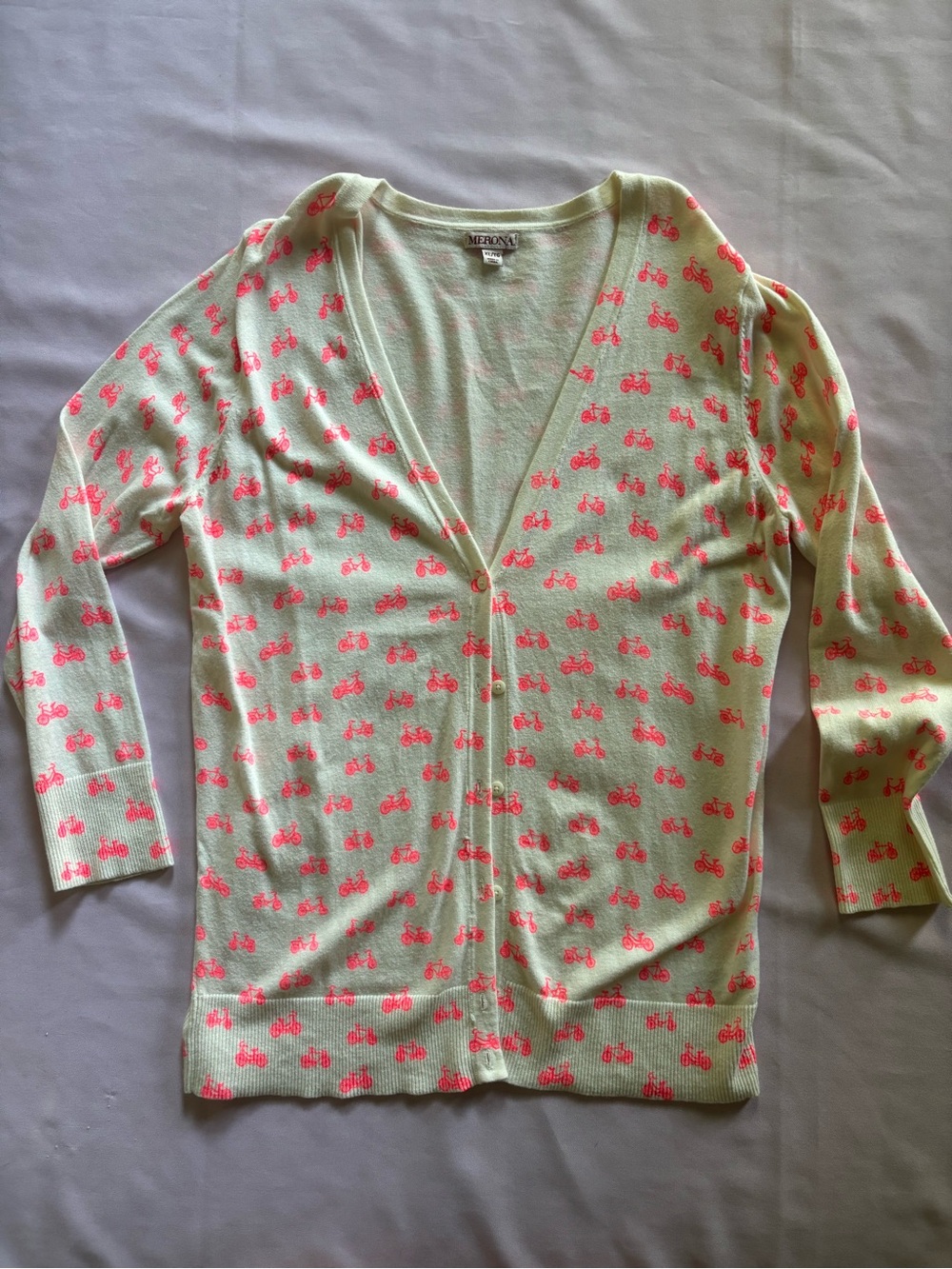 Merona Cream V-Neck Cardigan with Pink Bicycle Motif